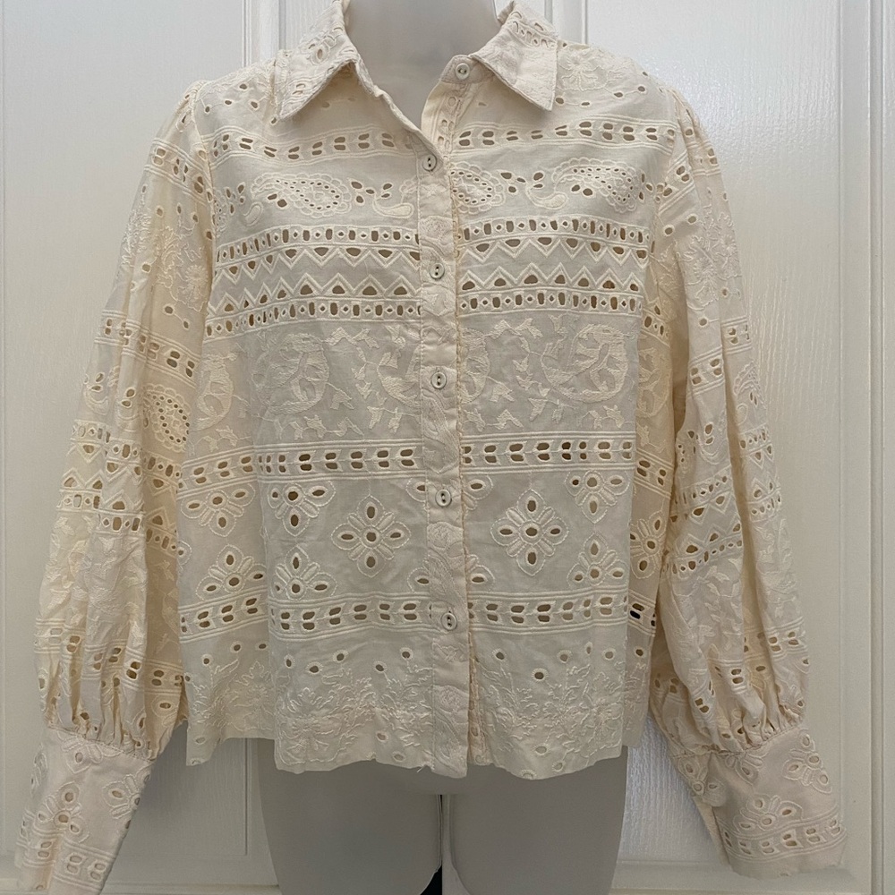 House of Harlow 1960 Cream Eyelet Embroidered Button-Up Blouse Sz M